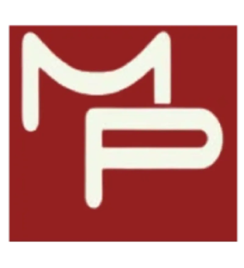 Logo stylisé MP sur fond rouge